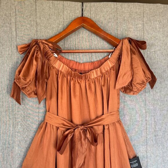 Lulus Charming Adoration Brown Off The Shoulder Bow Tiered Midi Dress Size XL - Picture 4 of 14